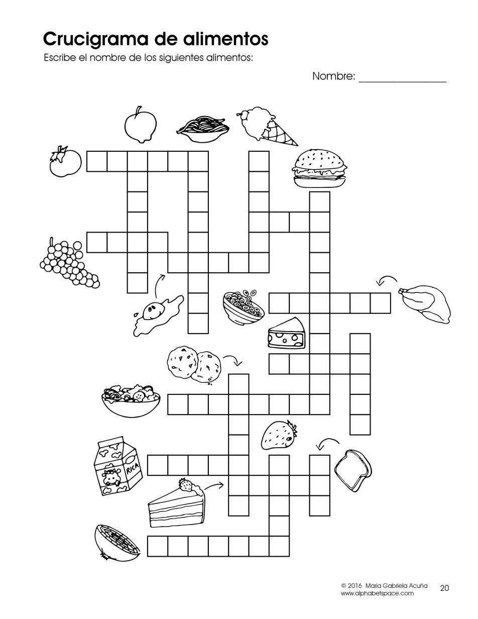 Food Crossword search in Spanish. ©Maria G. Acuña www.alphabetspace.com. pdf.jpg