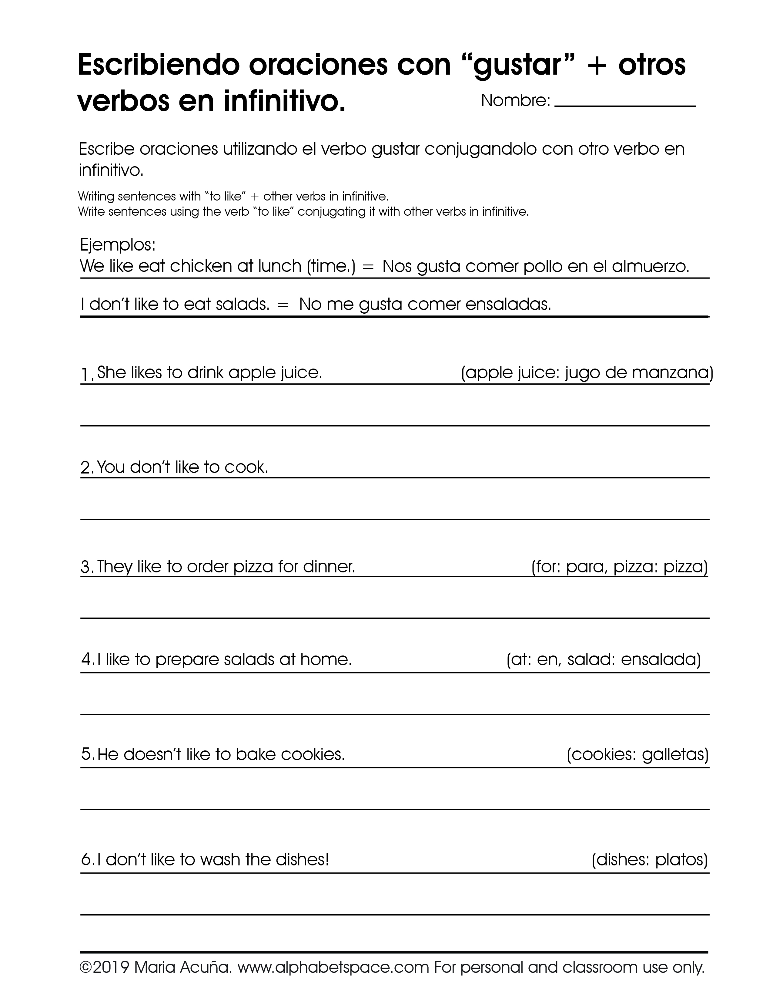 Escribiendo con gustar and another verb. ©Maria Acuna 2019.jpg