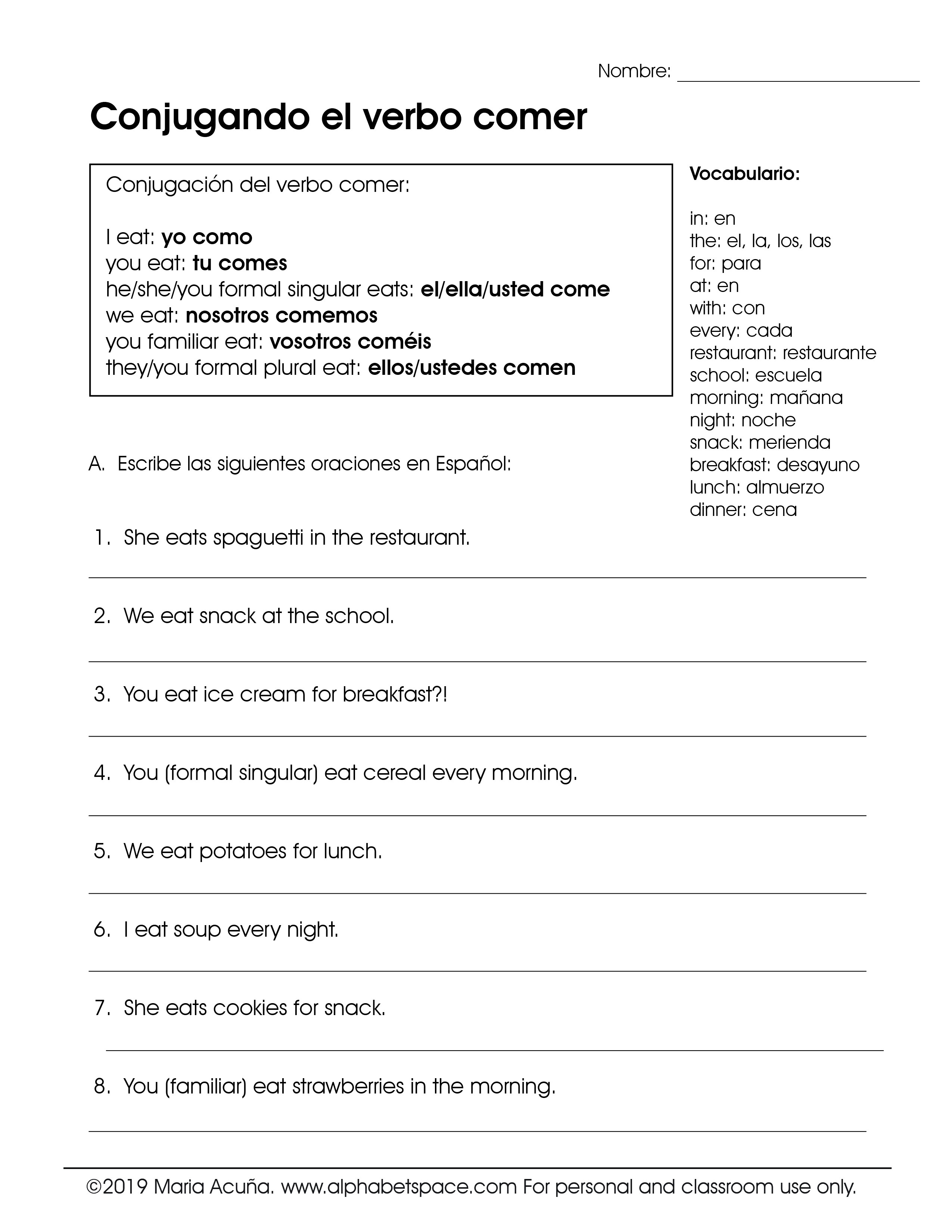 Conjugando Comer 1 ©2016,19 Maria Acuna. www.alphabetspace.com.jpg